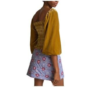 Anthropologie Puff Sleeve Velvet Top Smocked Chartreuse Small
